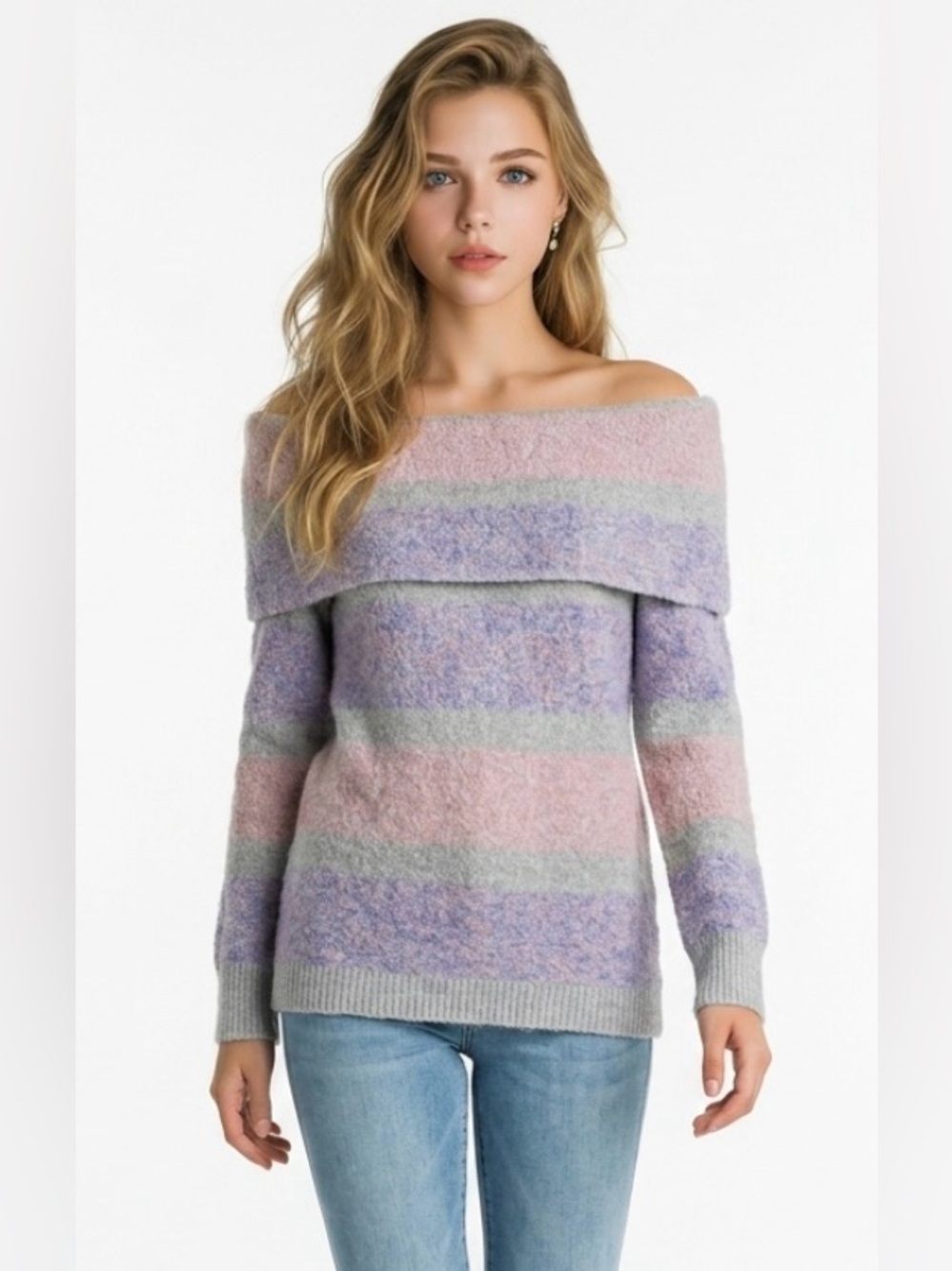 Mystree Pastel Rainbow Ombré Off Shoulder Cowl Neck Fuzzy Soft Women’s Sweater